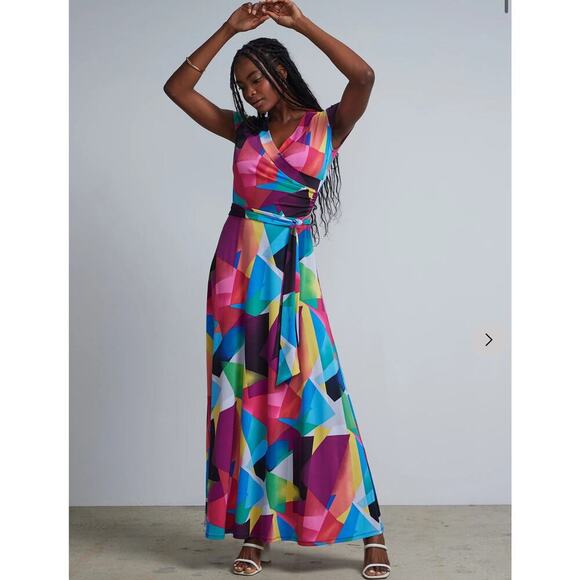 NY&C Geometric Print V-Neck Waist-Tie Maxi Dress NEW Size 1X - Picture 1 of 8